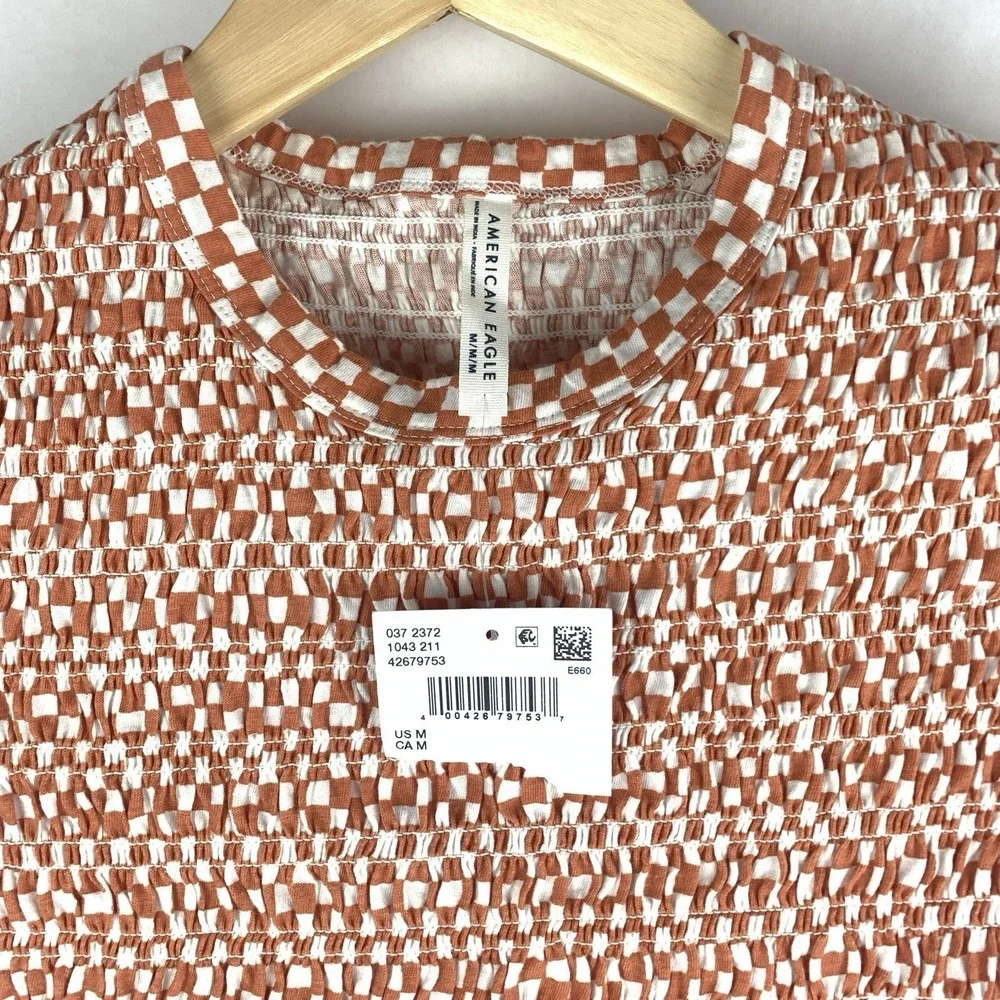 NWT American Eagle Smocked Baby Tee Women's Medium NEW Checkered 100% Cotton AE